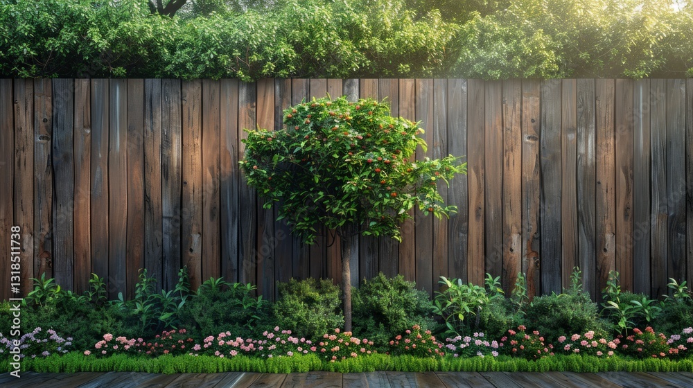 Minimalistic Garden Scene with Simple Wooden Fence and Ornamental Tree in Clean Environment Minimalistic Garden Scene with Simple Wooden Fence and Ornamental Tree in Clean Environment
