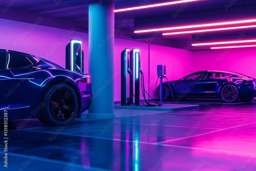 Modern Electric Vehicle Charging Station with Neon Lighting Effects