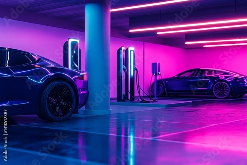 Obraz na płótnie Modern Electric Vehicle Charging Station with Neon Lighting Effects w salonie