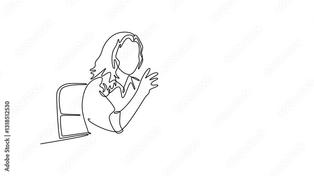 Young happy business woman, smiling beautiful professional lady worker looking at smartphone. Technology in business concept. Single line draw design. Full length animation illustration. High quality Young happy business woman, smiling beautiful professional lady worker looking at smartphone. Technology in business concept. Single line draw design. Full length animation illustration. High quality