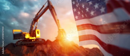 Excavator at sunset with American flag backdrop, construction scene