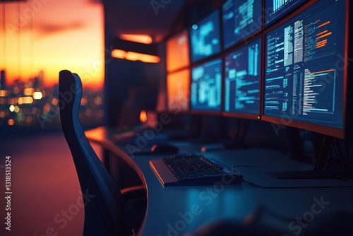 Modern Office Workspace with Multiple Monitors and Evening Skyline