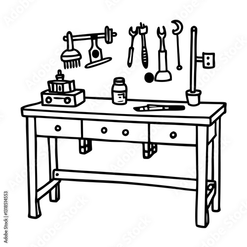 Vintage Workbench with Tools and Equipment in Line Art Illustration