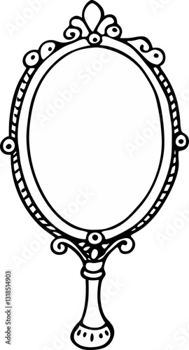 Vintage Handheld Mirror Outline Ornate Retro Design for Coloring and Art Projects
