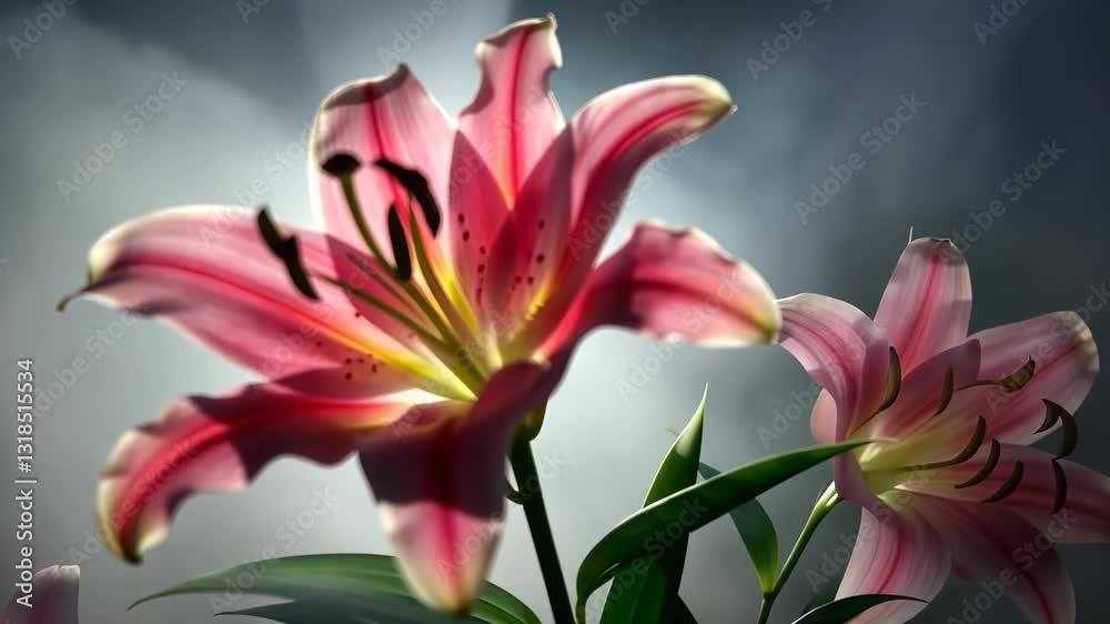 Graceful lily blooming in morning sunlight timelapse of pink flowers unfurling against softfocused background