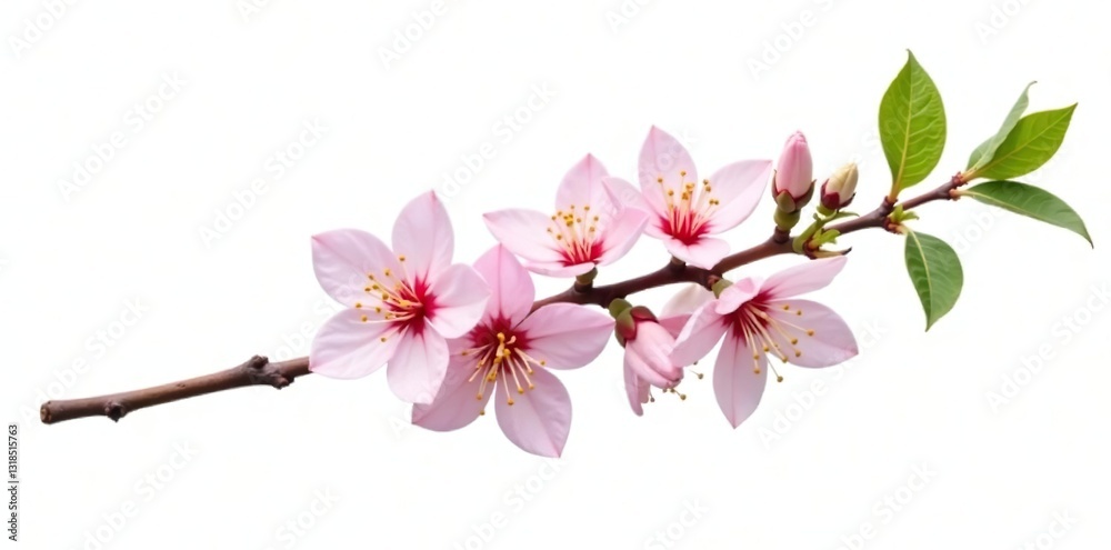 Obraz premium Single branch with flowers and leaves on white, dainty, botanical, isolated branch
