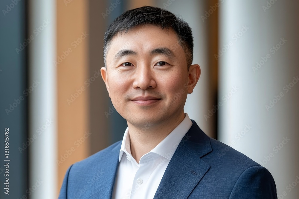 Professional Asian Man Posing in Modern Office Environment Professional Asian Man Posing in Modern Office Environment