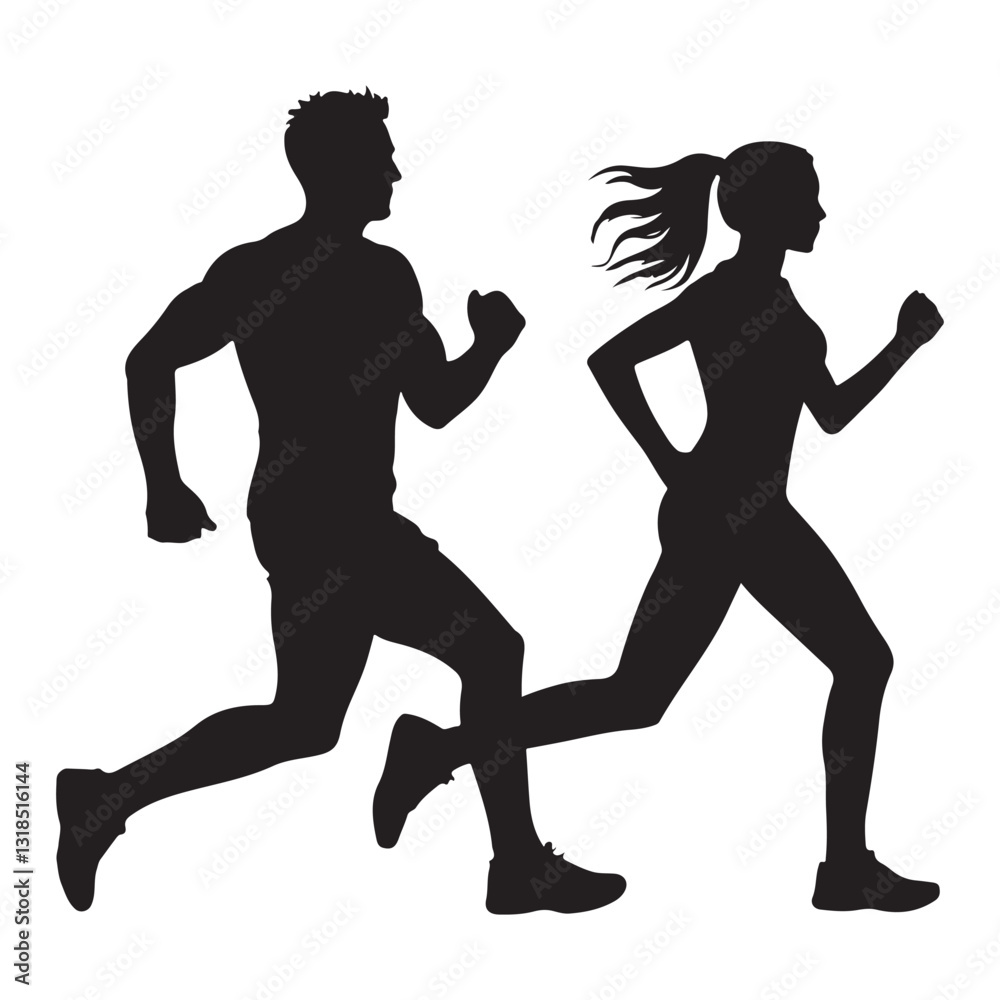 Obraz premium Running Silhouette Vector – Man and Woman Jogging Illustration