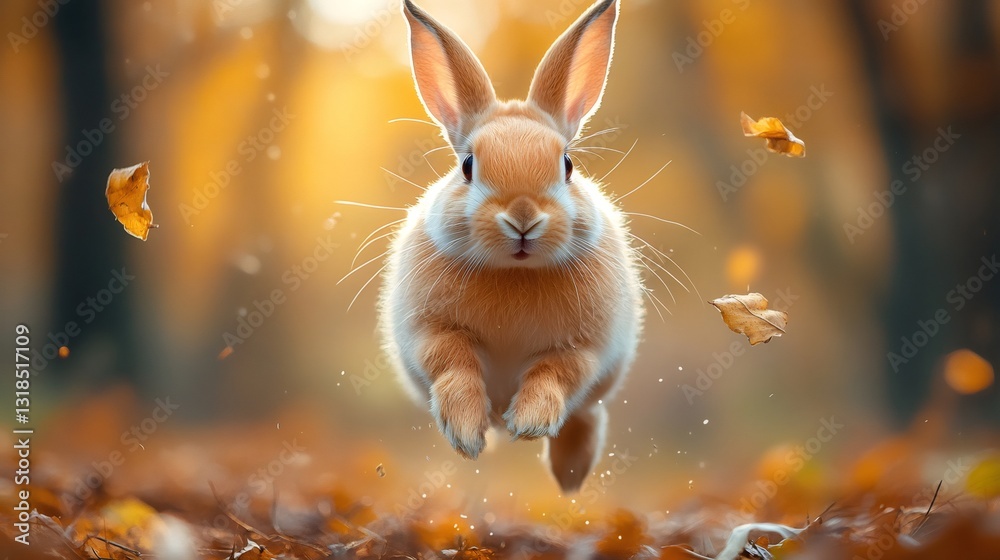 Cute brown rabbit jumping in autumn forest Cute brown rabbit jumping in autumn forest