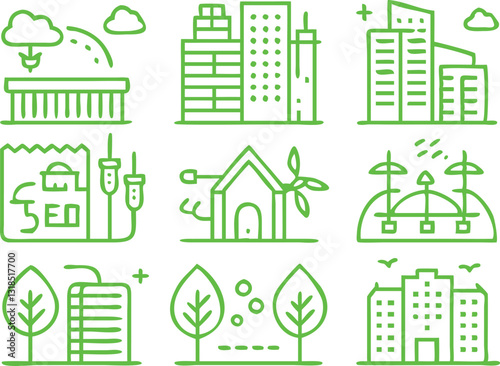 set of green city buildings