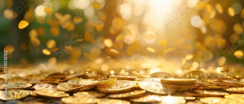Golden autumn leaves scattered on the ground glimmering in sunlight
