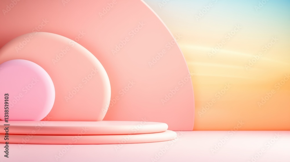 Fototapeta premium A soft, pastel-colored abstract scene featuring circular shapes against a gradient background, creating a serene and modern aesthetic.