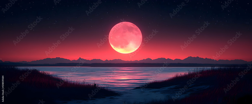 Pixelated Sunset Landscape With Red Moon Pixelated Sunset Landscape With Red Moon