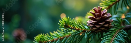 Sparkling clear glass balls nestled among the needles of a spruce tree, forest, glass, pinecone