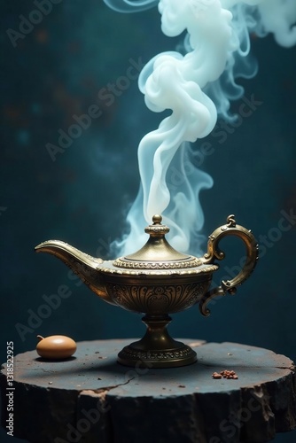 Smoke rises from ancient lamp as genie emerges, grey, fog, misty