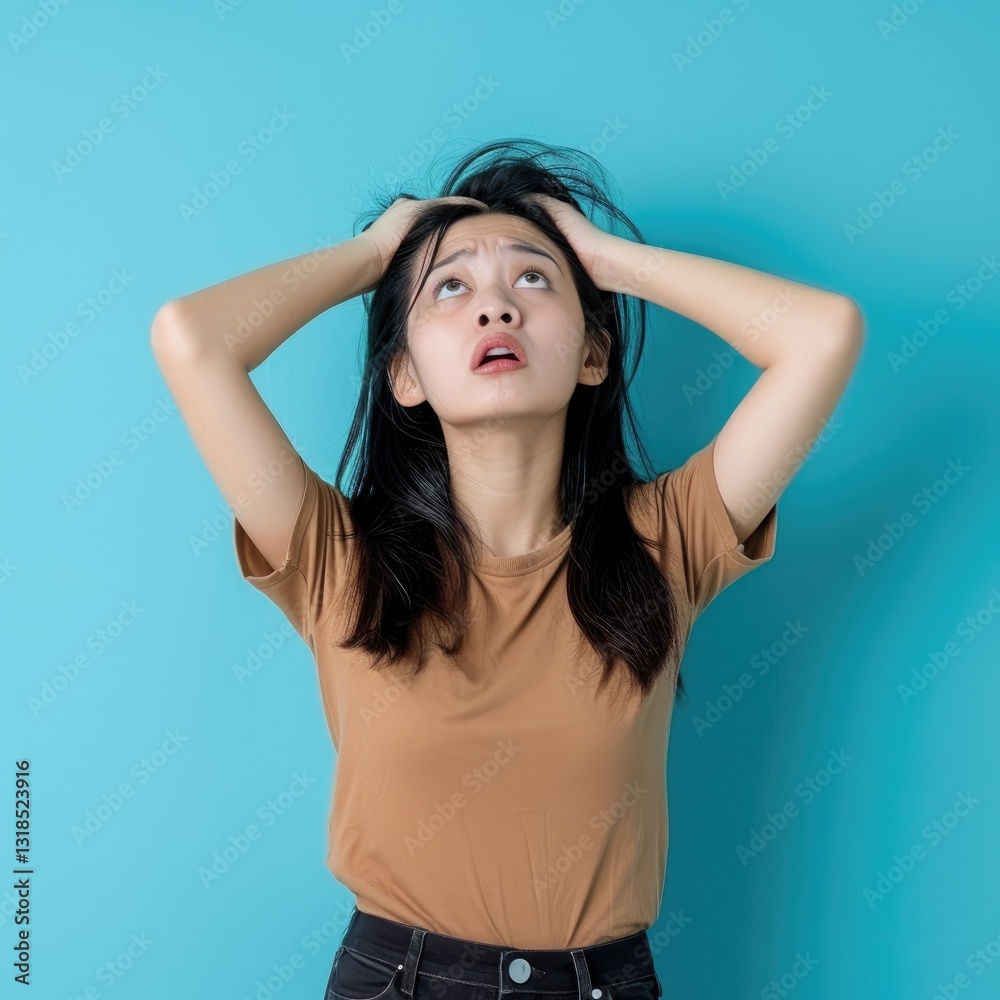 Fototapeta premium Young Woman Pulling Her Hair Up In Frustration on Blue Background