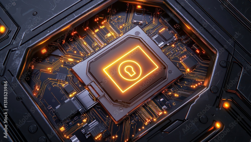 Fototapeta premium Cybersecurity emphasized with glowing lock and circuit patterns on digital safe.