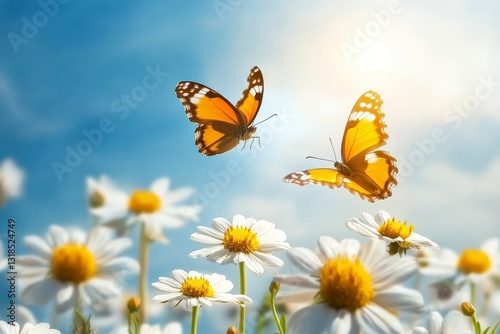Two Vibrant Butterflies Hovering Above Daisies in Bright Sky
