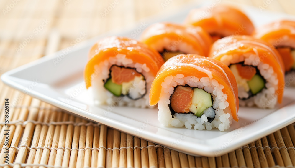 Delicious sushi rolls arranged on bamboo mat, elegance and freshness Delicious sushi rolls arranged on bamboo mat, elegance and freshness