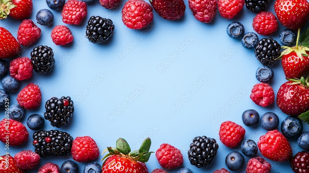 Various Berries Arranged on a Blue Surface Forming a Frame Various Berries Arranged on a Blue Surface Forming a Frame
