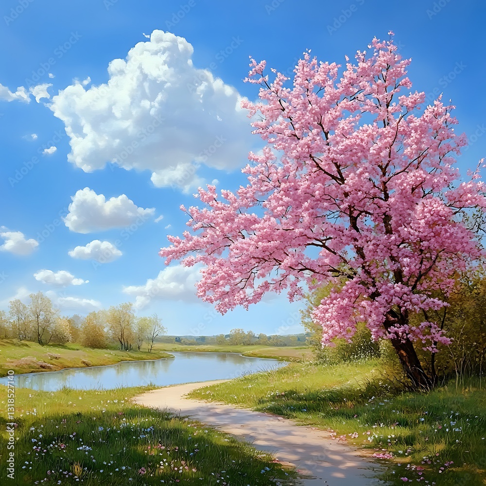 Serene Spring Landscape with Blooming Cherry Blossom Tree and Calm River Under Blue Sky