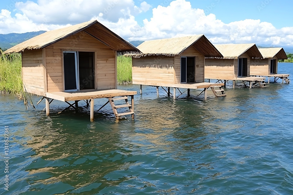 Fototapeta premium Wooden Floating Houses on Calm Water Surrounded by Lush Greenery Under Bright Blue Sky