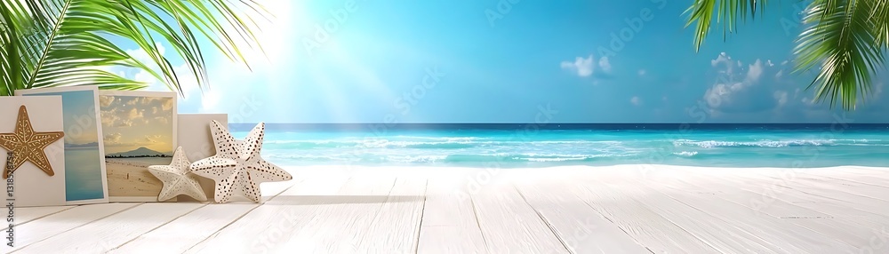 Fototapeta premium Serene Tropical Beach Scene with Decorative Starfish and Summer Postcards on White Wooden Deck