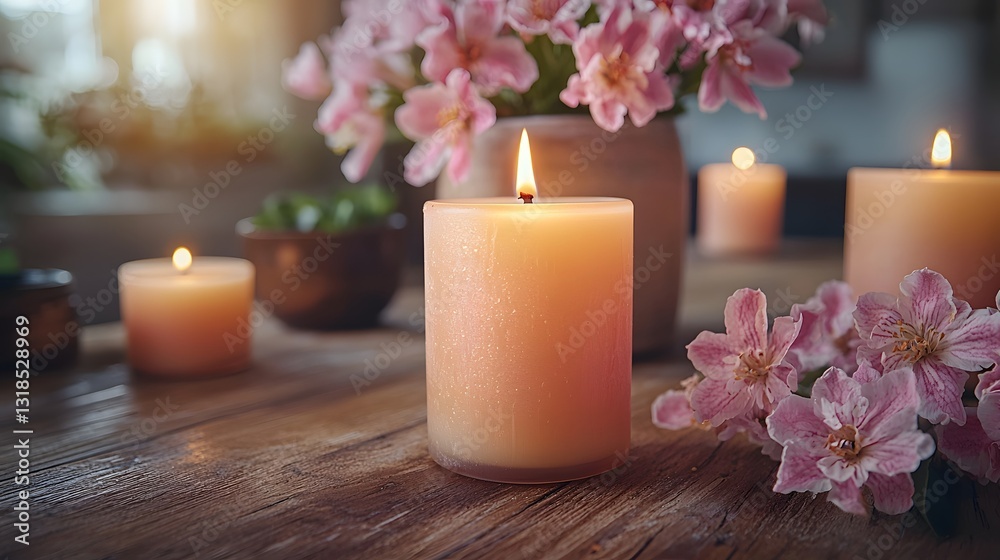 Serene Beeswax Candle and Fresh Flower Arrangement on Wooden Table Serene Beeswax Candle and Fresh Flower Arrangement on Wooden Table