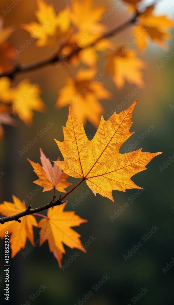 Golden yellow and orange autumn leaves on a bare branch, bare branch, autumn leaves, orange hues Golden yellow and orange autumn leaves on a bare branch, bare branch, autumn leaves, orange hues