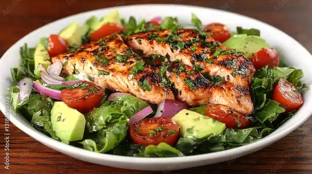 Grilled salmon salad with avocado, tomato, and red onion Grilled salmon salad with avocado, tomato, and red onion