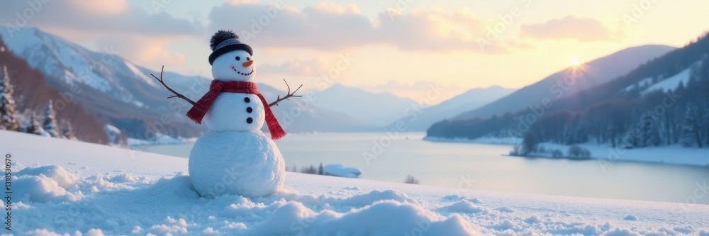 Obraz premium Snowman stands alone in winter landscape with rolling hills and frozen lake in background, winter scenery, snowman
