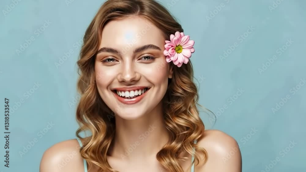 Joyful woman with flower accessory laughs and poses against blue background Joyful woman with flower accessory laughs and poses against blue background