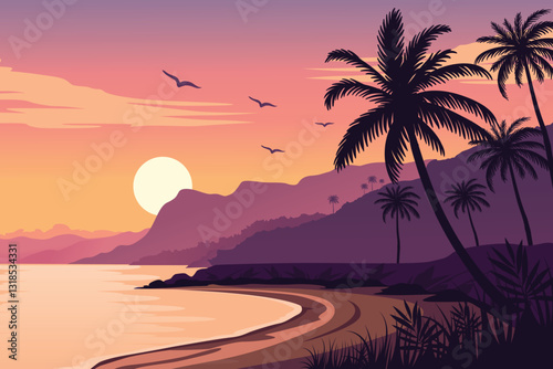 Silhouette landscape of tropical island sunset with palm trees, golden hour on a beach and birds flying above.