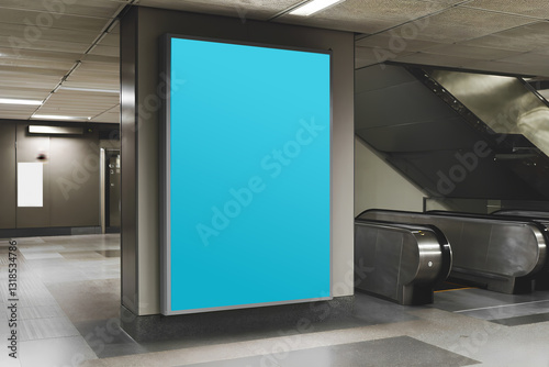 Blank vertical billboard in public place at escalator. 3D rendering.