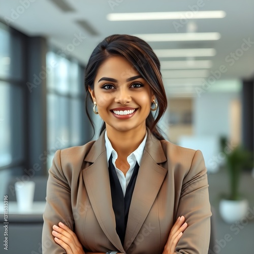 Esta es una gran foto para Photoshop, y una mujer hispana lleva un traje y trabaja en la oficina de una empresa mientras sonríe.