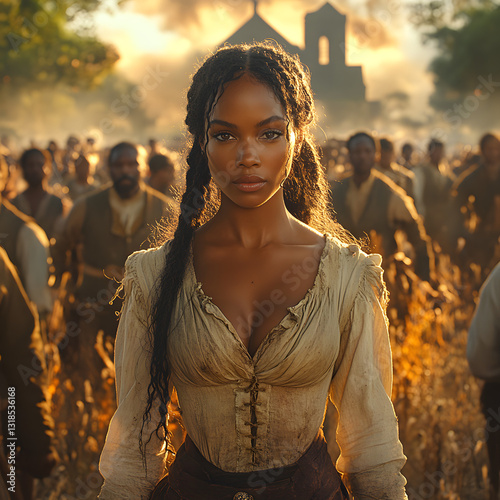 
A cinematic scene of a recently freed African American woman standing proudly in front of a church surrounded by a community of both free and formerly enslaved African Americans.