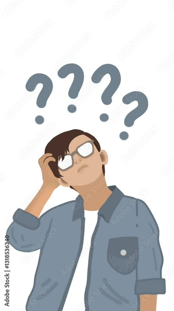 animated video of confused boy in glasses bewildered scratching his head with floating question mark symbol