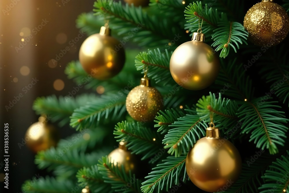 Evergreen tree with golden baubles and shiny green ribbons on a natural background, gold, festive, decoration Evergreen tree with golden baubles and shiny green ribbons on a natural background, gold, festive, decoration
