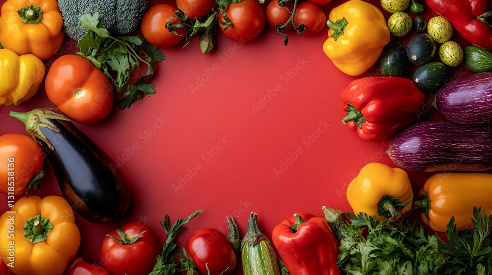 A Variety of Colorful Fresh Vegetables Arranged on Red Surface A Variety of Colorful Fresh Vegetables Arranged on Red Surface