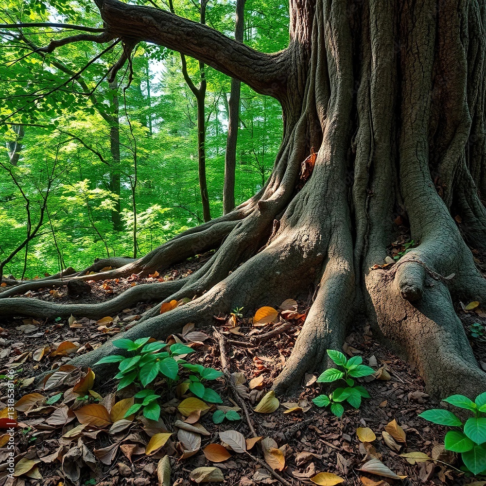Dappled forest floor with decaying tree trunk, tree trunk, leaves Dappled forest floor with decaying tree trunk, tree trunk, leaves