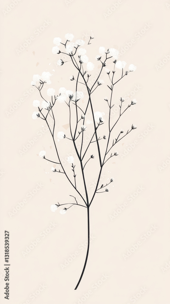 A minimalist illustration of simple gypsophila in a modern, stylized poster format. The gypsophila should be the main focus, rendered in a clean, A minimalist illustration of simple gypsophila in a modern, stylized poster format. The gypsophila should be the main focus, rendered in a clean,