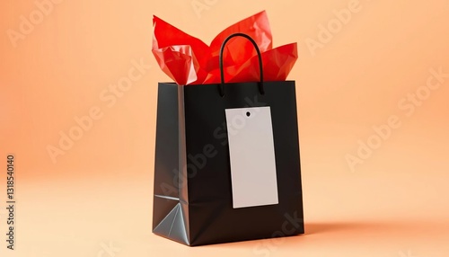 Sleek black gift bag, asymmetrical shape, filled with red tissue, white label, studio shot,  premium