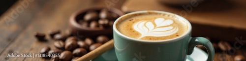 Steaming milk froth on top of a cup, with coffee beans and wooden spoon in the background, wood, beans, coffee