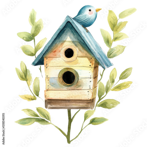 Watercolor birdhouse illustration, blue bird perched on wooden nesting box, pastel garden decor for spring nursery design isolated on Transparent Background