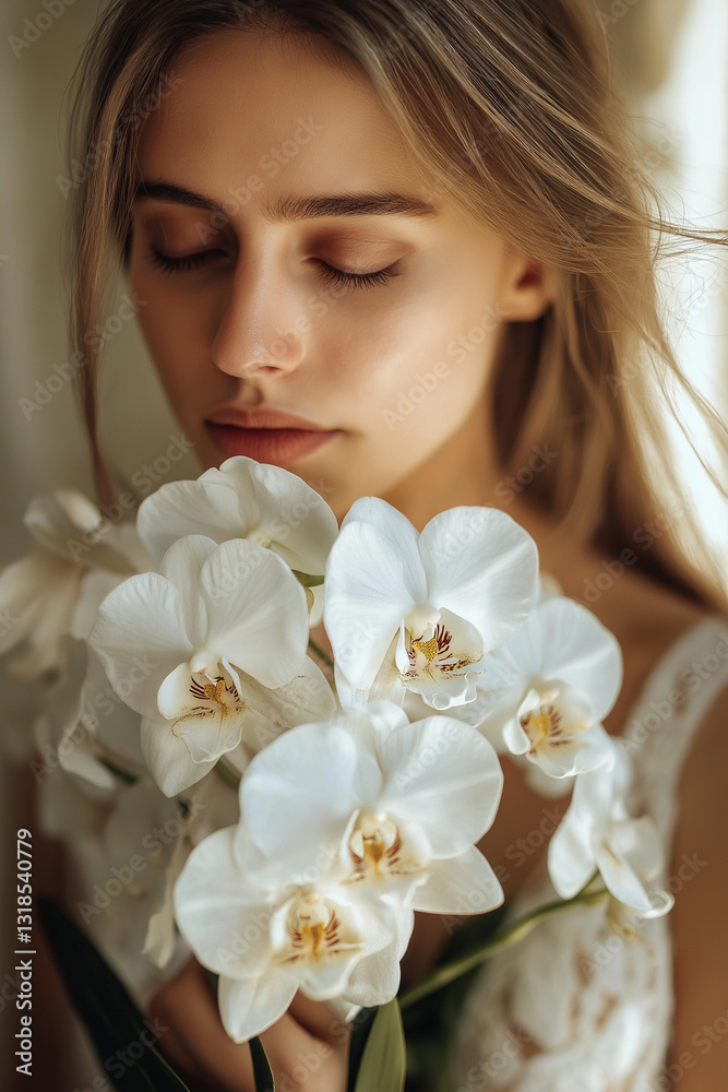 Naklejka premium Serene woman holding white orchids in soft natural light