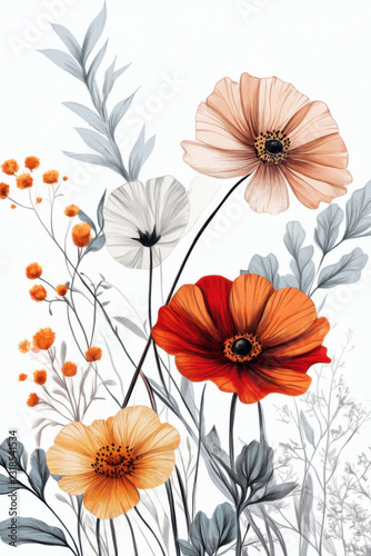 Wallpaper Mural Watercolor, soft and gentle, beige and green flowers, white background, neutral colors,  Torontodigital.ca