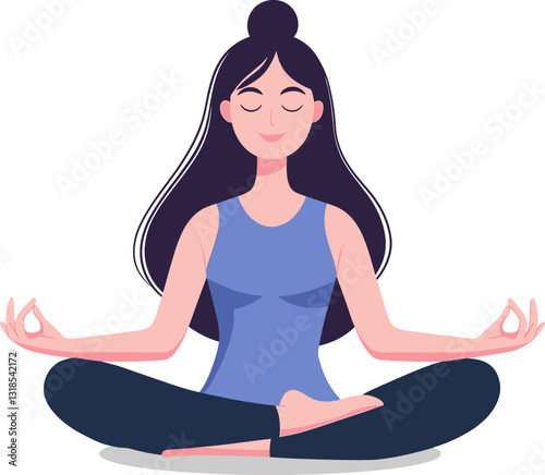 Woman practicing meditation in a serene environment with crossed legs and a calm expression cartoon isolated on transparent background. Vector illustration.