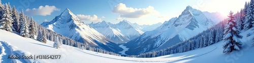 Famosa valle coperta di neve con montagne innevate sullo sfondo, mountain range, winter wonderland