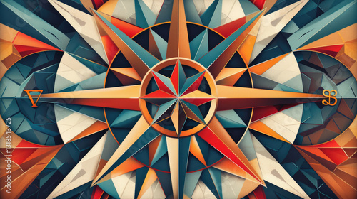 A colorful abstract drawing of a compass rose. A symbol of geometric shapes used on nautical charts to mark the course. Ai generated.
