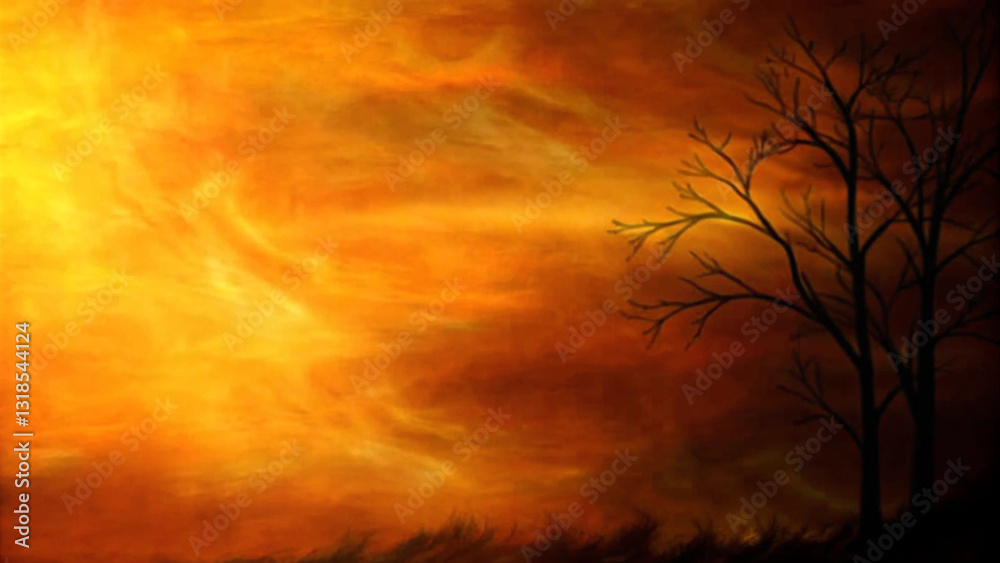 Fiery Sunset Embracing A Solitary Tree, A Breathtaking Canvas Of Warm Golden Hues And Soft Brushstrokes Fiery Sunset Embracing A Solitary Tree, A Breathtaking Canvas Of Warm Golden Hues And Soft Brushstrokes